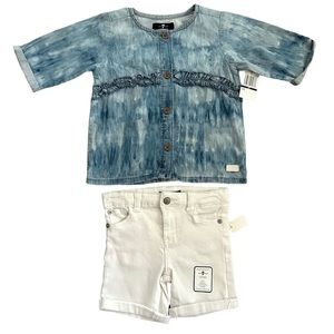7 For All Mankind Girl’s Outfit Ruffle Top White Denim Shorts Size 4T NWT